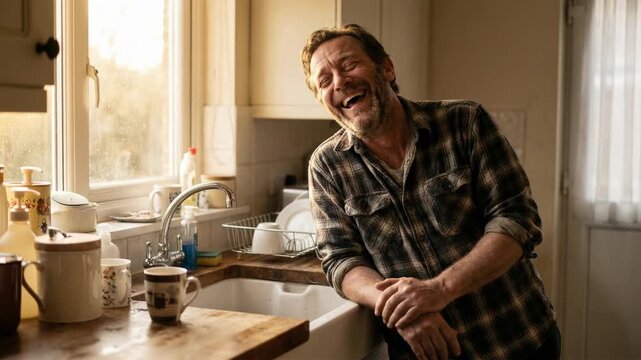 Caucasian man smiling and laughing by kitchen sink in warm light, depicting happiness and connectioneering despite potential financial anxiety.