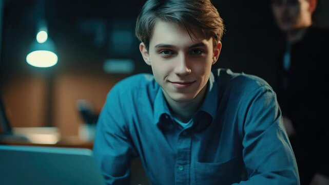 A young man in an office environment, looking over his shoulder with a serious expression, suggesting he is deeply immersed in his work or perhaps solving a complex problem.