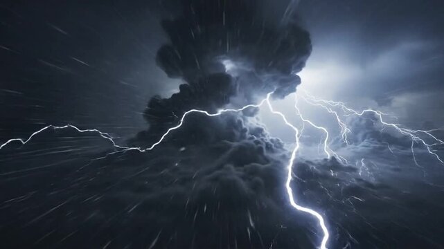 Dark clouds move fast across the night sky with flashes of light in the distance during a stormy weather event
