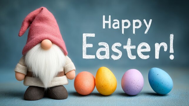 A gnome is standing in front of a bunch of Easter eggs. The gnome is wearing a red hat and has a beard. The eggs are in various colors, including blue, yellow, and pink. The image conveys a festive