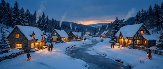 Cozy Winter Village with Snow-Covered Cottages and a Peaceful River at Dusk