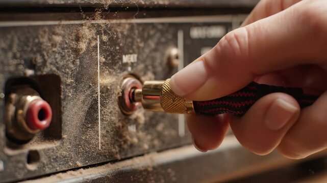 A skilled hand delicately inserts a connector into an audio jack within a vintage recording studio. Dust swirls softly, highlighting the blend of technology and artistry in sound.