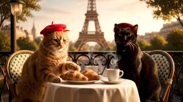 Two cats in red berets enjoy croissants and coffee at a cafe with the Eiffel Tower, depicting a charming parisian morning scene