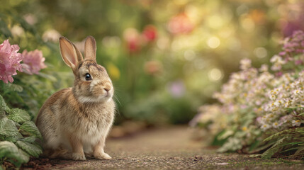 Fototapeta premium Cute rabbit sitting on garden path with spring flowers and soft bokeh Easter springtime scene