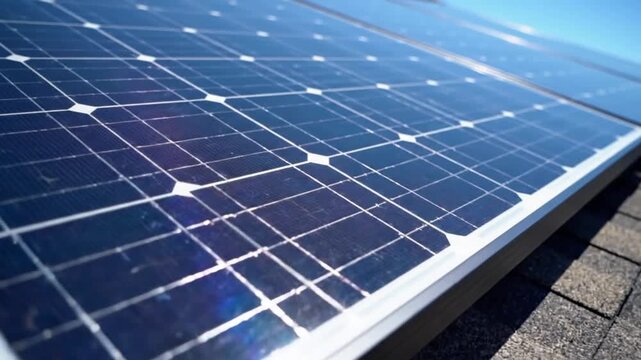 Close-up view of a row of modern solar panels on a rooftop absorbing sunlight for sustainable green energy