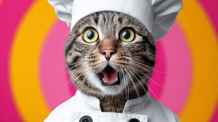 A cat wearing a chef's hat and apron is standing in front of a colorful background. The cat's eyes are wide open, and it is making a loud noise. The image conveys a playful and whimsical mood