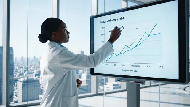 A scientist presents "Impomotherapy Trial" data on a digital screen in a high-rise office overlooking a city. She uses a stylus to point out key graph metrics and findings during her research present