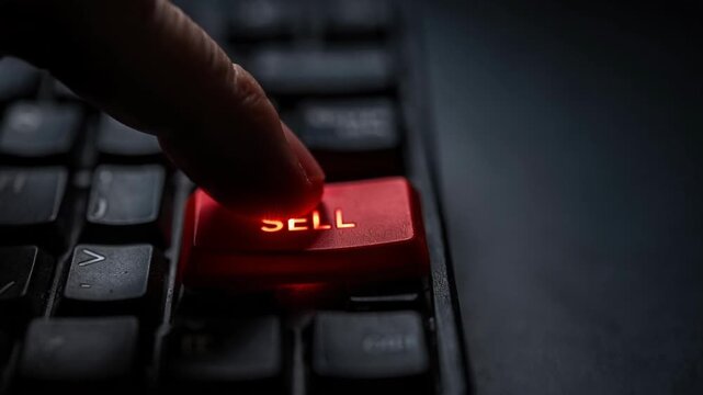 Finger pressing a glowing red SELL button on a computer keyboard for panic selling and financial crisis concept