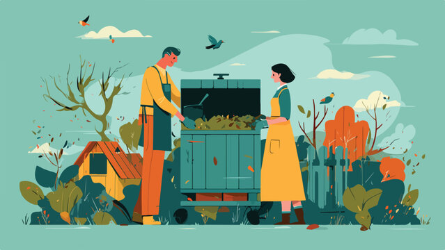 Couple working together on a composting bin surrounded by autumn foliage and birds