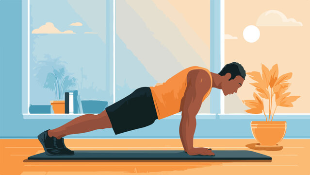 A man exercises with a push-up at home, with plants and sunlight visible