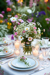 Fototapeta premium A beautifully set table with flowers and candles in a garden