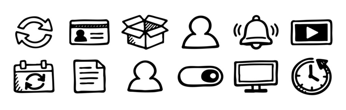 Set of hand-drawn web and interface icons in a sketchy doodle style, including user, calendar, clock, notification, and delivery symbols.