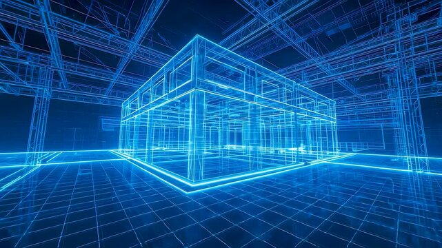 Glowing blue wireframe building model inside digital grid space with luminous architectural structure and perspective depth