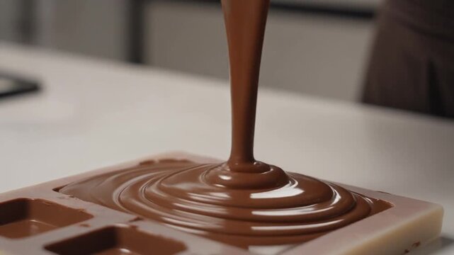 Melting chocolate poured into a mold on a table with a person in a kitchen background, possibly for cooking or baking demonstration