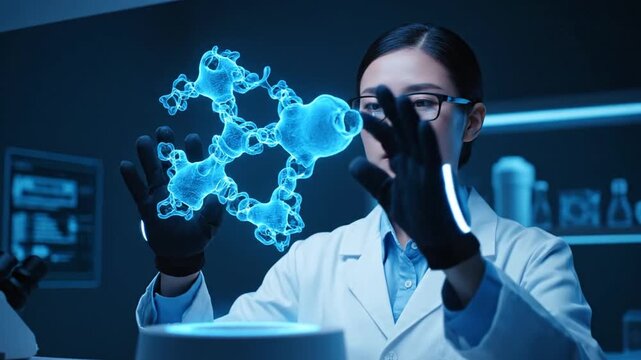 A focused scientist wearing haptic gloves examines and manipulates a complex, glowing blue holographic molecular structure in a dark, high-tech lab, modeling new compounds.