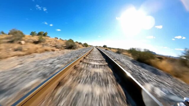 Train travels along straight railway track through desert landscape under bright sun