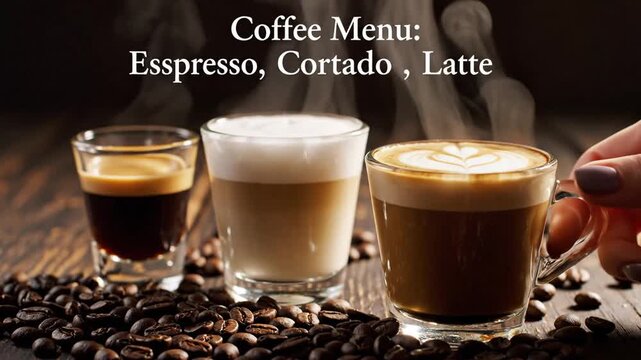 Selection of three specialty coffee beverages including espresso and cortado served in glass cups resting on aromatic roasted coffee beans for a cafe menu presentation.