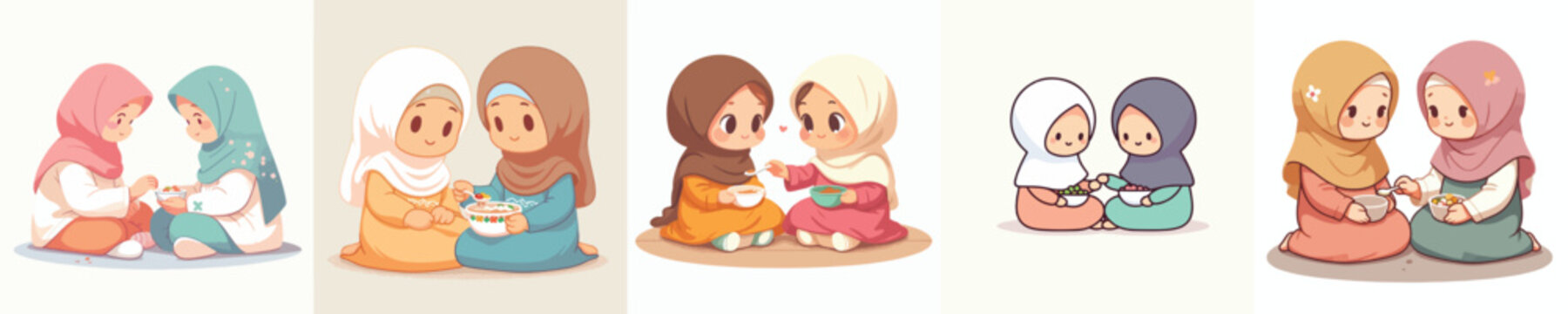 vector of a Muslim girl sharing food with a Muslim friend