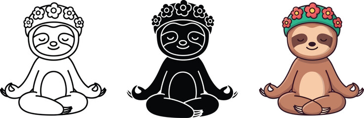 Fototapeta premium Meditating Sloth in Lotus Position with Floral Crown vector illustration