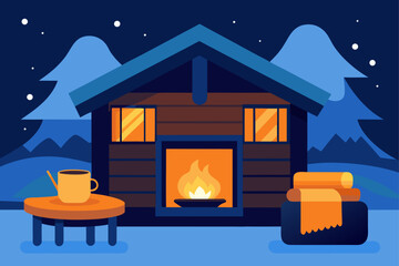 Obraz premium Cozy cabin in snowy mountains at night with warm fireplace
