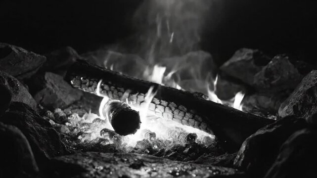 Black and white close up of a glowing campfire with sparks and smoke in a stone fire pit against a dark background