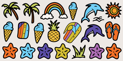 Colorful summer doodles featuring tropical elements and beach accessories © Rakesh
