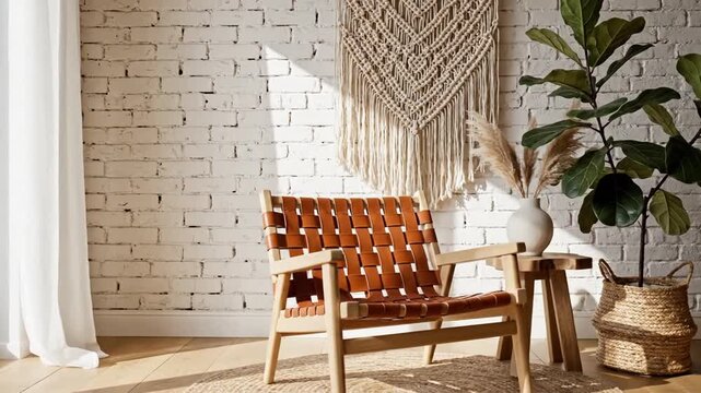 Bright airy living room interior featuring white painted brick wall and stylish bohemian macrame wall hanging tapestry decoration in a cozy modern home environment with natural sunlight