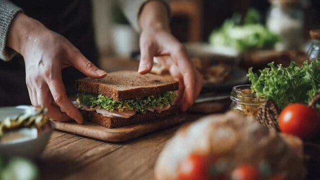 Casual meal setup captured in medium shot showcasing hands arranging a hearty sandwich with fresh ingredients on a rustic wooden table.