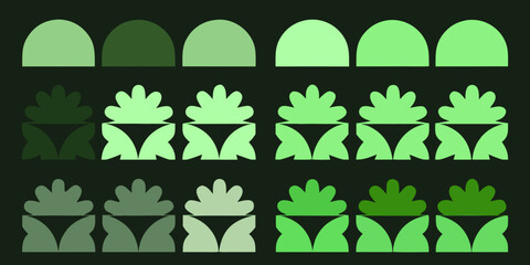 Abstract arrangement of green stylized leaf and arch shapes