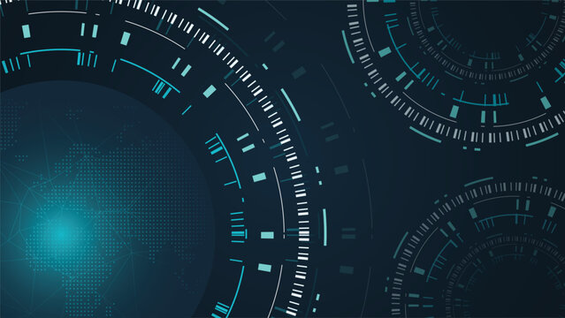 Futuristic digital background featuring global world map data network lines and circular HUD interface elements in dark blue tone ideal for business innovation and tech presentation Vector EPS 10