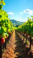 Sun-drenched rows of ripening grapes in a picturesque vineyard, ready for harvest Rolling hills and clear blue sky create a stunning landscape , vineyard rows, growth