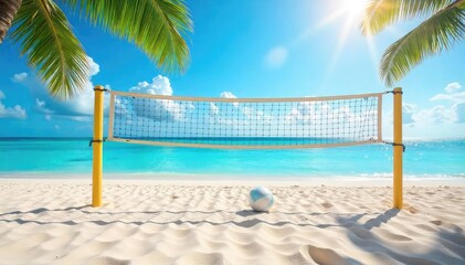 Sun-drenched volleyball court on a pristine beach, soft sand, gentle waves lapping the shore, vibrant blue ocean, ideal for summer vacation imagery , bright, waves, sky