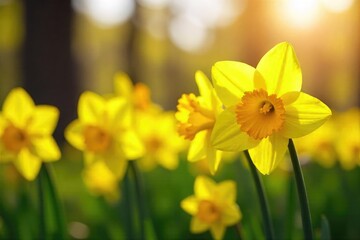 Vibrant yellow daffodils in full bloom, bathed in the warm sunlight of springtime A cluster of cheerful flowers announcing the arrival of spring , natural, bloom
