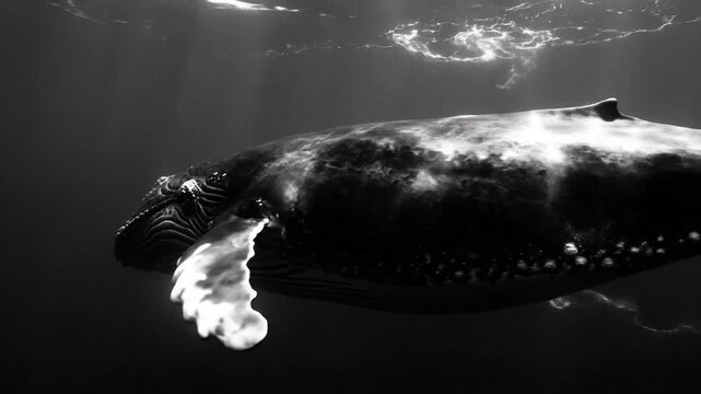 Majestic Humpback Whale Swimming in Deep Underwater Ocean, Artistic Black and White Monochrome Cinematic Close-up of Massive Marine Cetacean Mammal in Natural Habitat