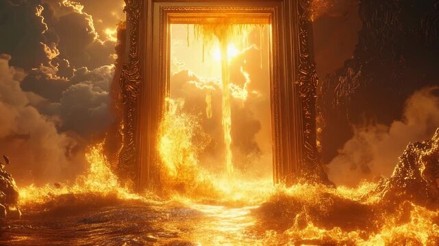 Fiery portal glowing in dark clouds. Flames and blazing light erupting from an ancient doorway. Dramatic fantasy scene for magical concepts and digital art.