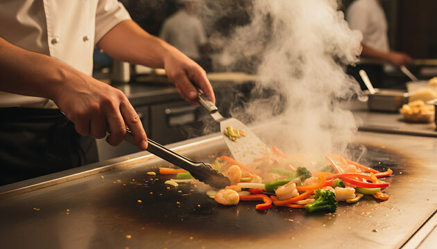 Chef cooks shrimp and vegetables on a hot teppanyaki grill. Steam rises as food sizzles on the flat iron griddle. Preparation of Japanese cuisine involves fresh ingredients. Teppanyaki & Japanese