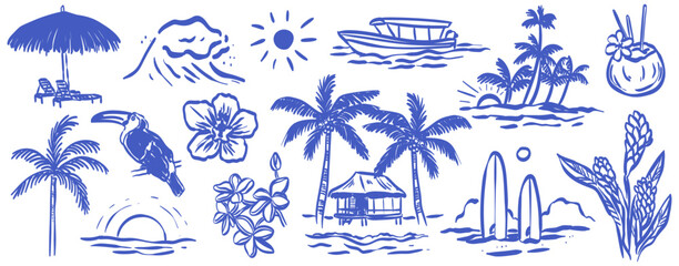 Obraz premium Hand drawn doodle beach and surf vector illustration set. Tropical coastal elements like palm trees, waves, surfboards, and sun perfect for summer designs, t-shirts, posters, and placard prints.