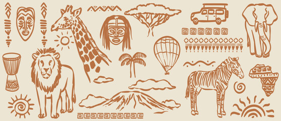 Hand drawn doodle African safari vector illustration set. Savanna animals naive elements like giraffe, zebra, lion, and elephant perfect for summer designs, t-shirts, posters, and travel placard print © KPstudio