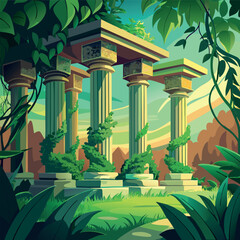 Ancient stone pillars ruins covered with green vines in a lush forest