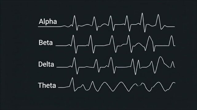 A real-time EEG monitoring display shows Alpha, Beta, Delta, and Theta brainwaves dynamically plotting across the screen over eight seconds, illustrating neurological activity progression.