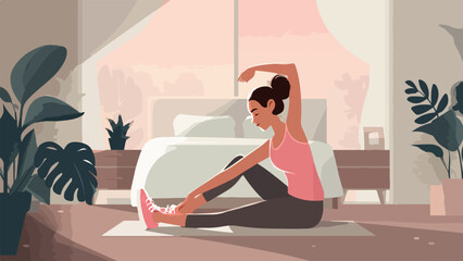 Fototapeta premium Woman stretching in bedroom with plants and soft morning light