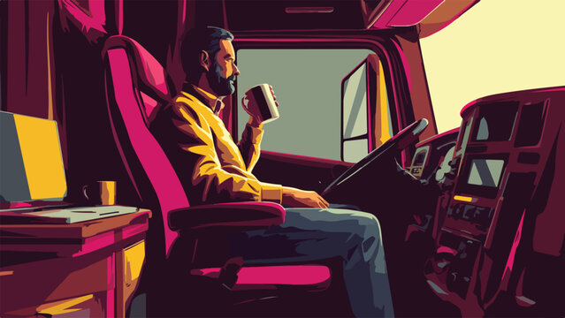 Bearded man in yellow shirt sips coffee inside a truck cab with laptop