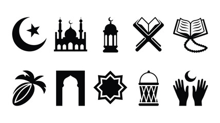Obraz premium Ramadan celebration logo silhouette pack with mosque crescent moon star lantern and islamic symbols on white background
