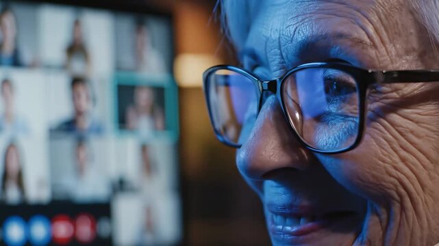 An elderly woman smiles warmly while engaging in a video call, surrounded by soft blue light, as vibrant faces appear on multiple screens behind her, capturing a heartfelt moment of connection.