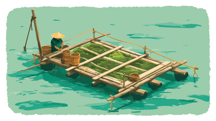 Person in conical hat works on a raft filled with green reeds on a serene turquoise lake