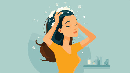 A woman is washing her hair with shampoo, surrounded by bubbles