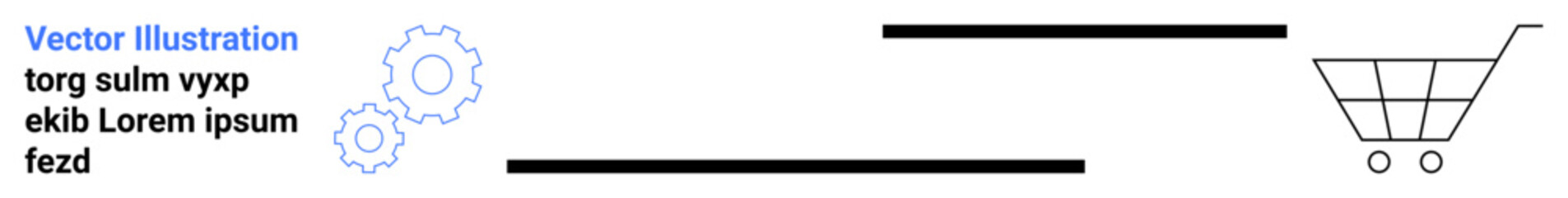 E-commerce, online shopping platforms, business automation, product management, innovation, digital marketing. Shopping cart with gear icons. E-commerce and online shopping concepts