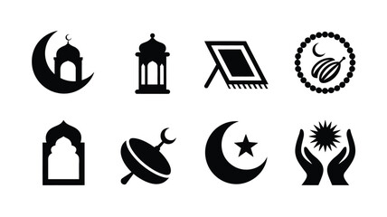 Ramadan kareem minimal silhouette logo collection with mosque lantern prayer mat crescent moon star and hands up in black on white background for islamic holiday greeting cards and social © Shovon