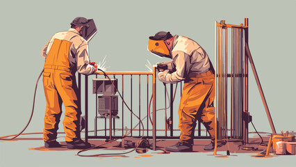 Two welders in protective gear work on a metal structure, sparks flying