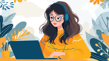 A young woman with glasses and headphones uses a laptop surrounded by abstract plant elements